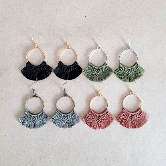 Boho Fringe Macrame Round Hoop Dangle Drop Earrings OS Handcrafted Gold - Picture 4 of 12